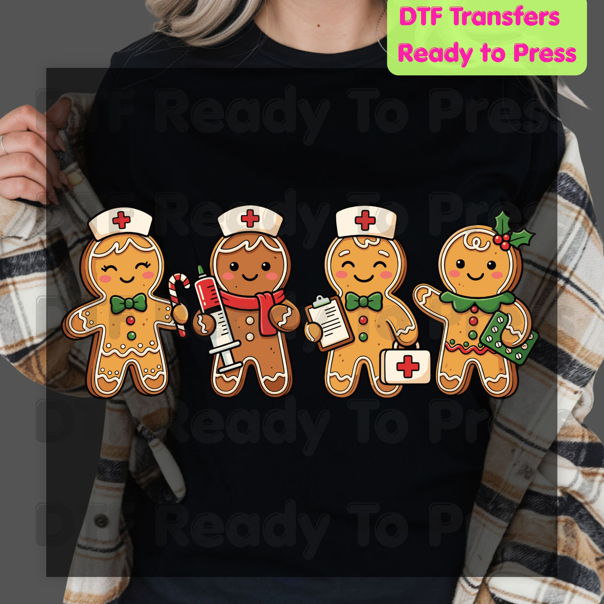 Christmas Gingerbread Nurse DTF Transfers, Holiday Medical Cookies Syringe Cute Nurse Ready to Press