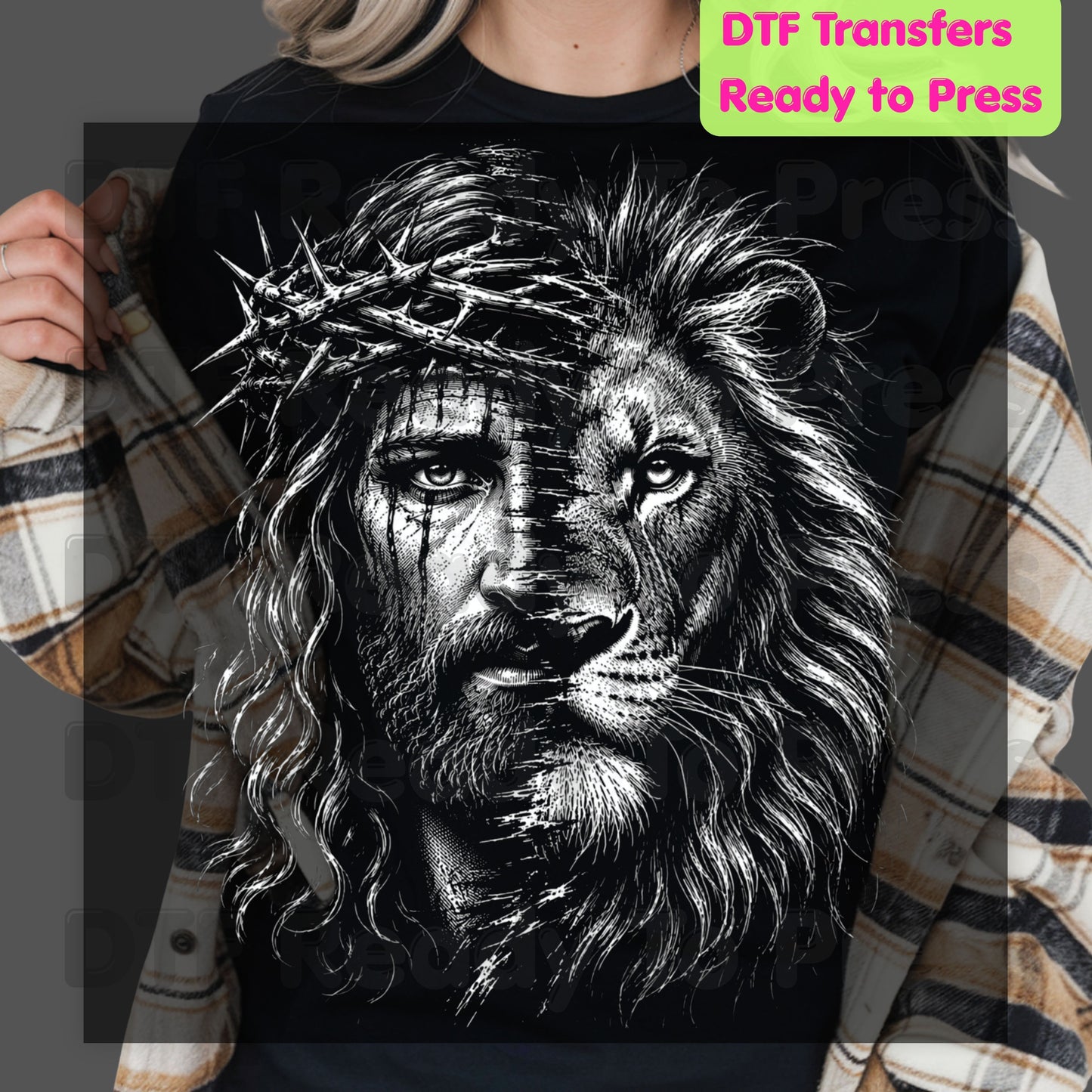 Jesus and Lion DTF Transfer Ready to Press Christian Heat Transfer for Shirts Crown of Thorns Religious Portrait Tee