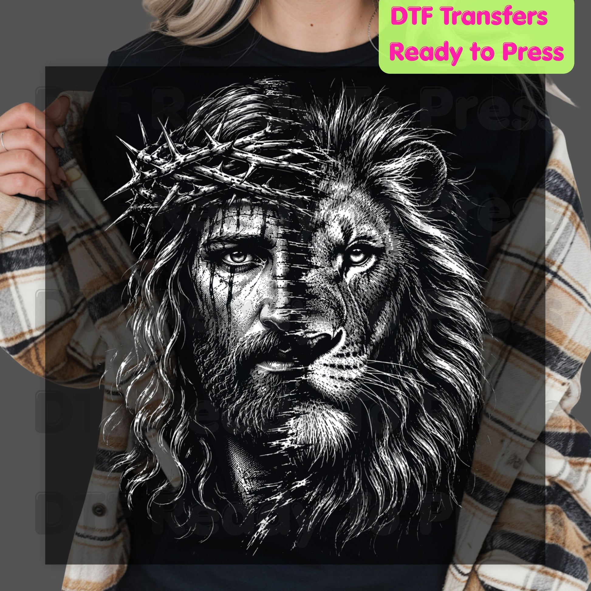 Jesus and Lion DTF Transfer Ready to Press Christian Heat Transfer for Shirts Crown of Thorns Religious Portrait Tee