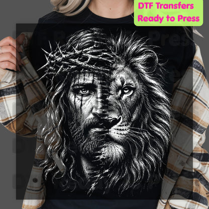 Jesus and Lion DTF Transfer Ready to Press Christian Heat Transfer for Shirts Crown of Thorns Religious Portrait Tee