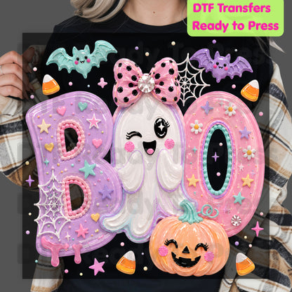 Pastel Cute Ghost Halloween BOO DTF Transfers, Pink Purple Bow Pumpkin Candy Corn Kids Girls Ready to Press
