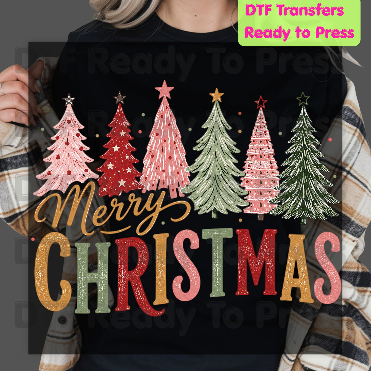 Christmas DTF Transfer, Colorful Christmas Trees, Gold Script