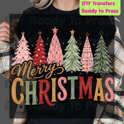 Christmas DTF Transfer, Colorful Christmas Trees, Gold Script