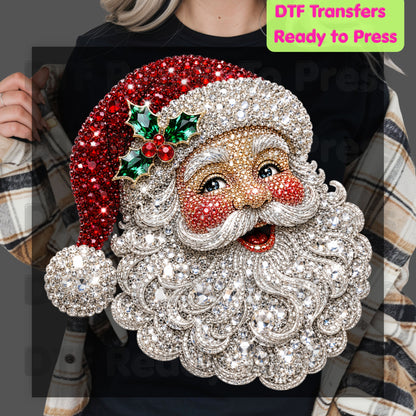 Christmas Santa Claus DTF Transfers, Vintage Bejeweled Rhinestone Santa Head Festive Holiday Ready to Press