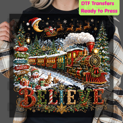Believe Christmas Express DTF Transfers, Santa Sleigh Vintage Holiday Train Ready to Press