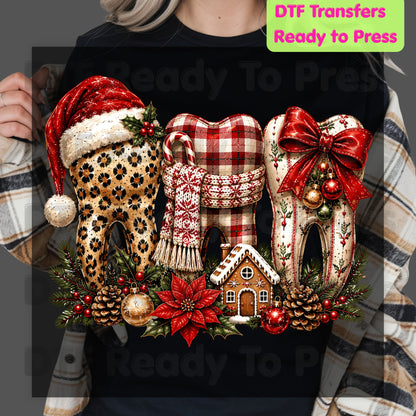 Christmas Dental Teeth DTF Transfers, Dentist Holiday Leopard Plaid Bow Ready to Press