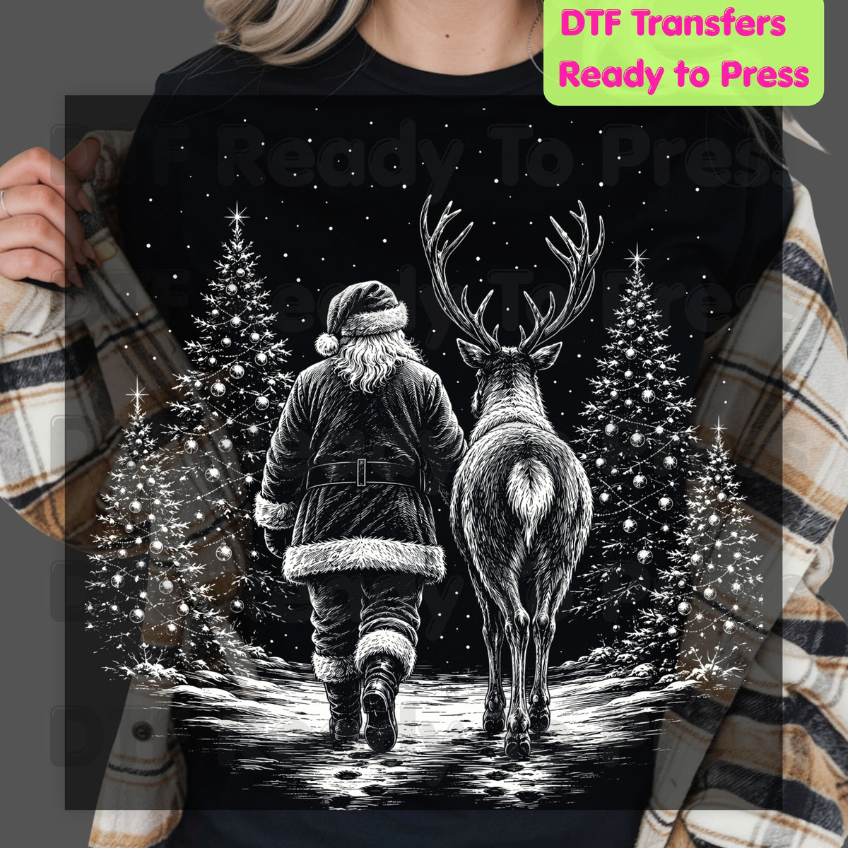 Black White Santa DTF Transfers, Reindeer Forest Vintage Christmas Holiday Ready to Press