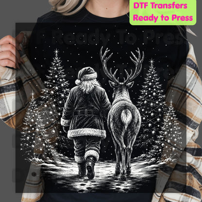 Black White Santa DTF Transfers, Reindeer Forest Vintage Christmas Holiday Ready to Press