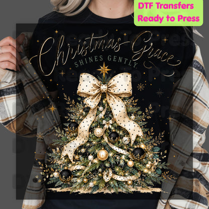 Grace Shines Gently Christmas DTF Transfers, Tree Gold Ribbon Elegant Holiday Ready to Press