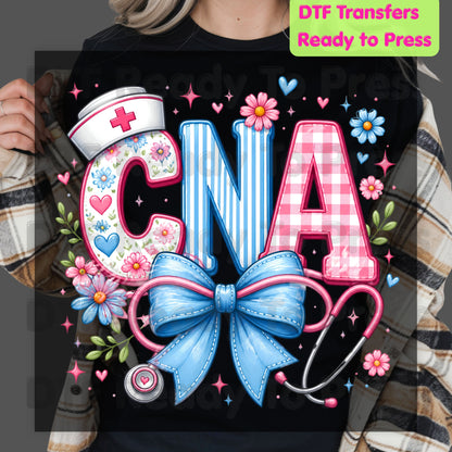 CNA Floral Bow DTF Transfers, Coquette Nurse Stethoscope Pink Blue Medical Graphic Ready to Press
