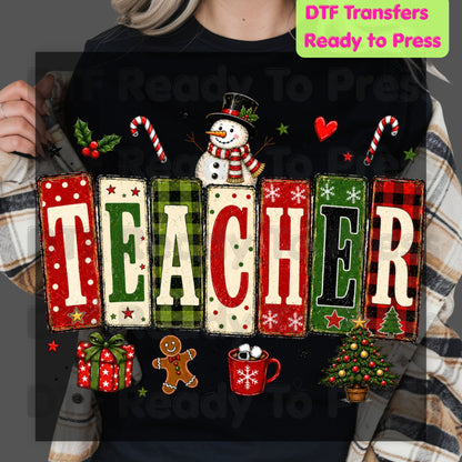 Christmas Teacher Snowman DTF Transfers, School Gingerbread Plaid Holiday Ready to Press