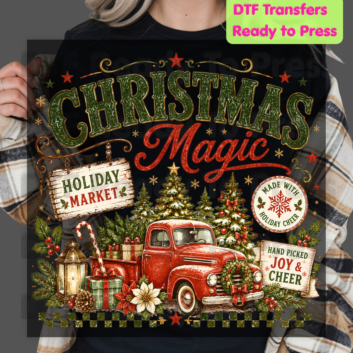 Magic Red Truck Christmas DTF Transfers, Tree Holiday Market Vintage Ready to Press