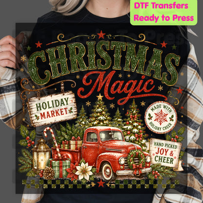 Magic Red Truck Christmas DTF Transfers, Tree Holiday Market Vintage Ready to Press
