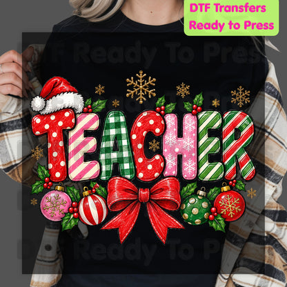 hristmas Teacher DTF Transfers, Holiday School Bow Ornaments Santa Hat Graphic Ready to Press