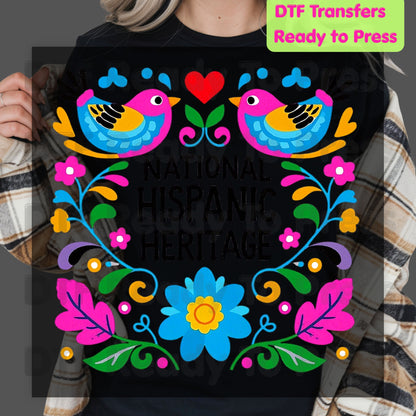 Hispanic Heritage DTF Transfers, Folk Art Birds Flowers Mexican Floral Ready to Press