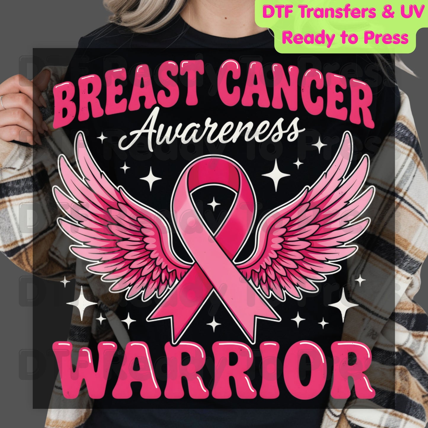 Breast Cancer Warrior DTF Transfer Ready to Press Heat Transfer Pink Ribbon Angel Wings Awareness Tee