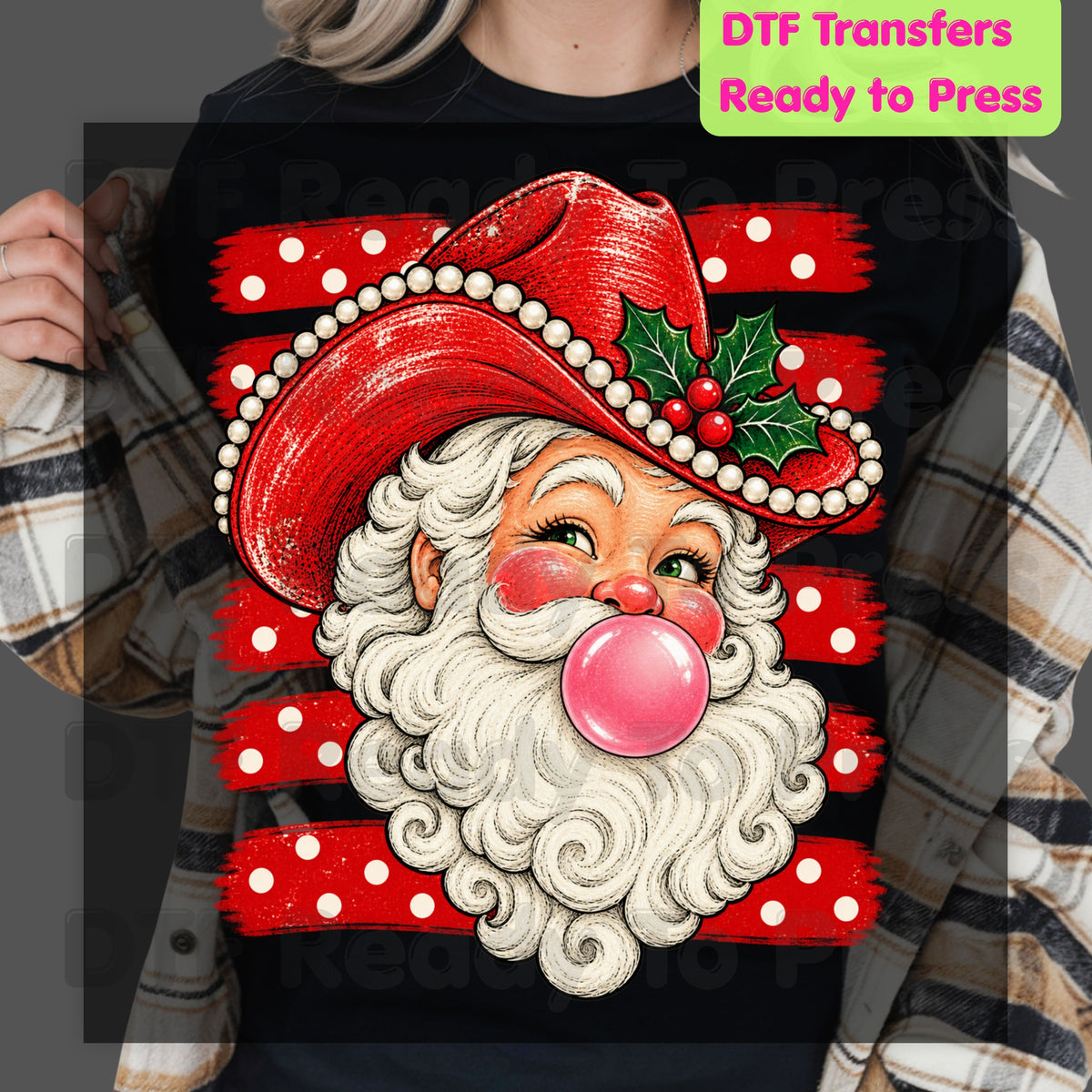 Western Santa DTF Transfers, Christmas Cowboy Hat Bubblegum Pink Vintage Holiday Ready to Press