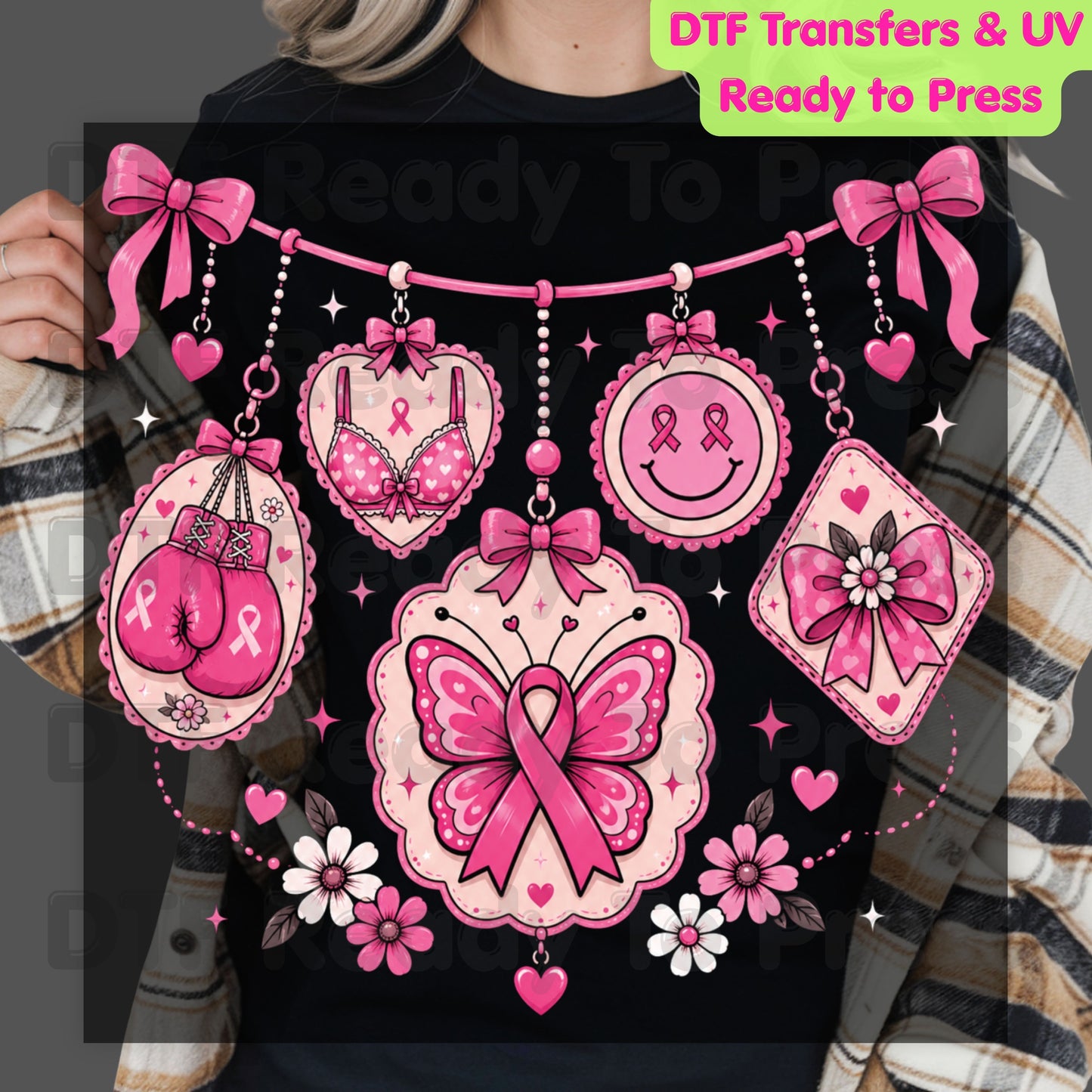 Pink Ribbon Breast Cancer Awareness Charms DTF Transfer Ready to Press Heat Transfer Butterfly Bow Tee