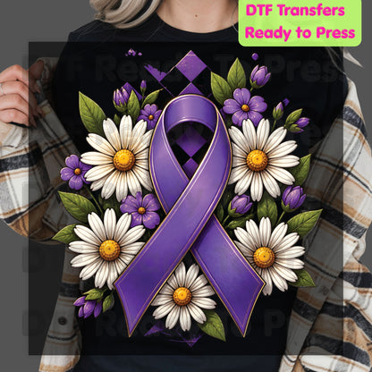 Purple Ribbon DTF Transfer Ready to Press Daisies Flowers Awareness Heat Transfer Tee Print Direct to Film Transfer
