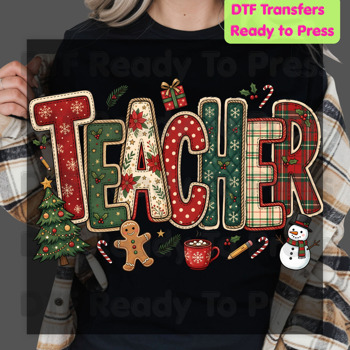 Christmas Teacher Patchwork DTF Transfers, School Snowman Plaid Holiday Ready to Press