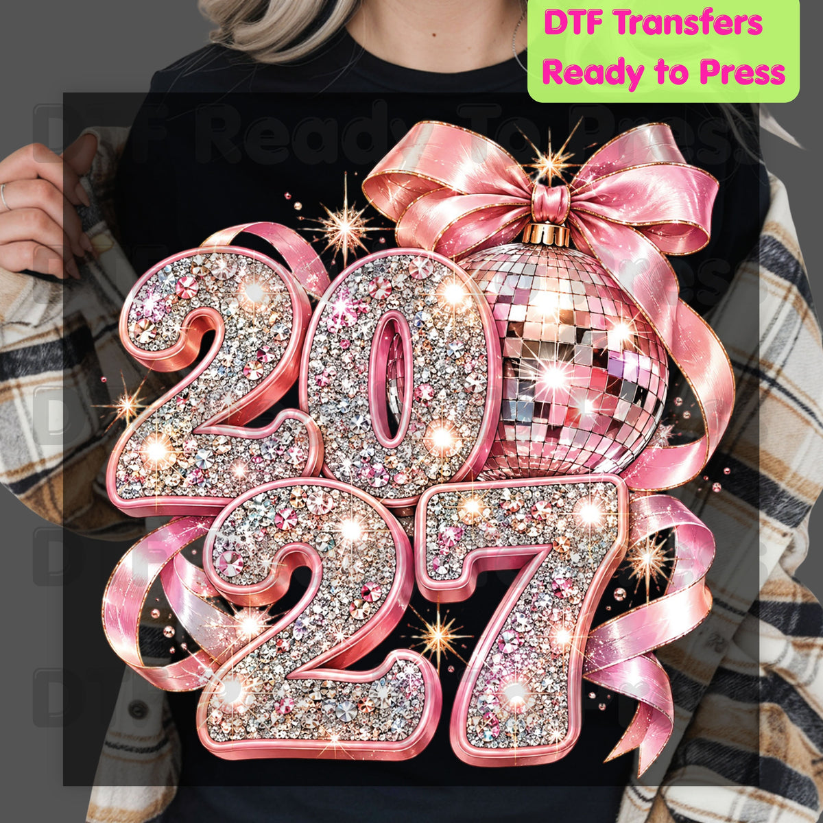 New Year 2027 DTF Transfer, Pink Glitter Numbers, Disco Ball Bow