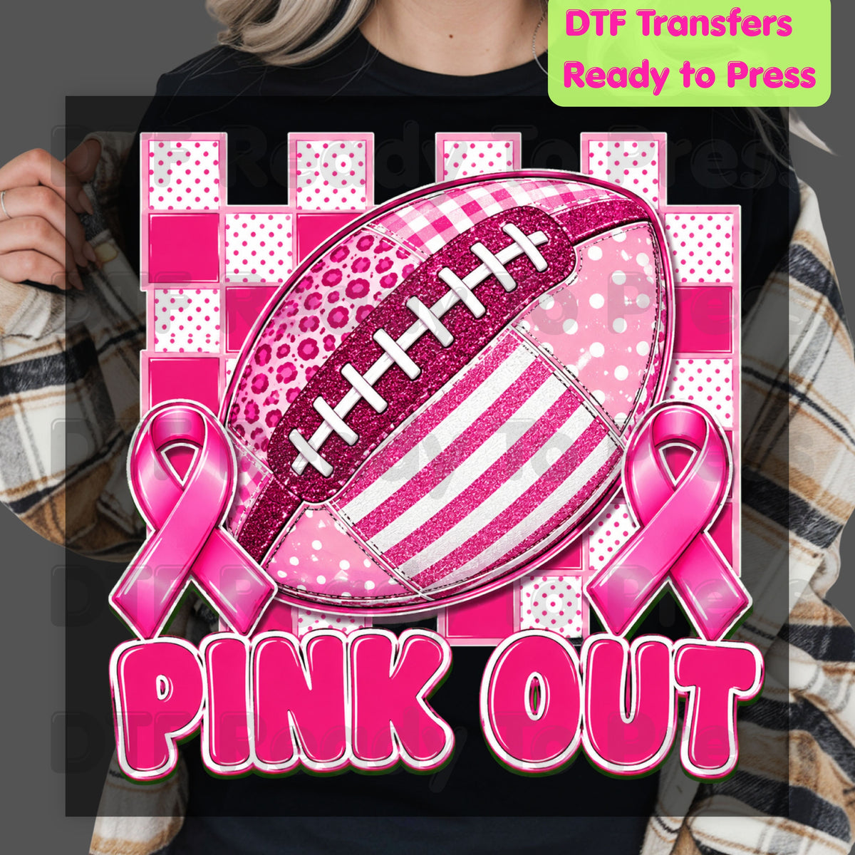 Pink Out DTF Transfers, Breast Cancer Awareness Football Pink Ribbon Support Ready to Press