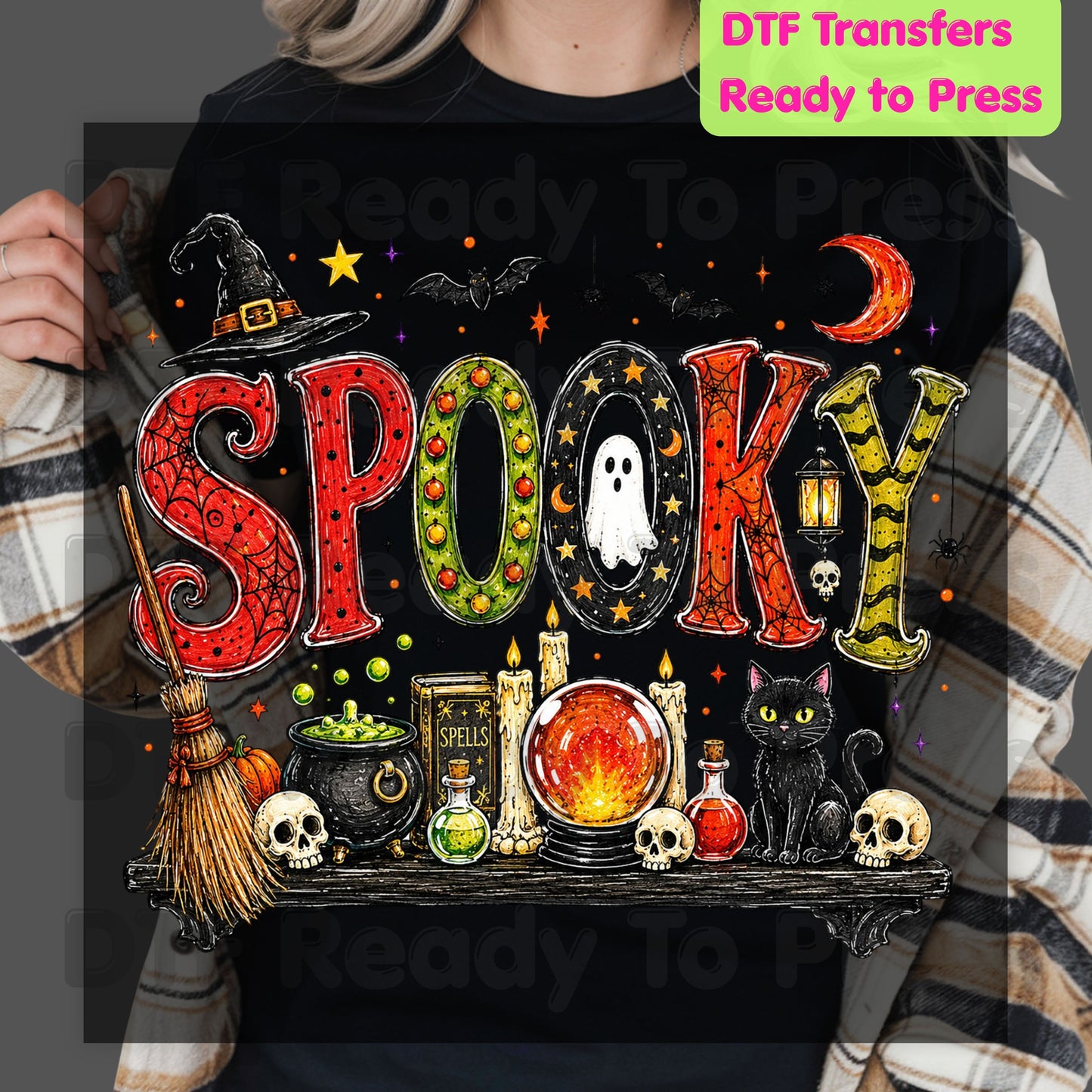 Halloween Witch Shelf DTF Transfers, Black Cat Crystal Ball Cauldron Potion Skull Spooky Ready to Press