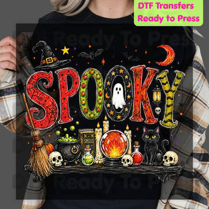 Halloween Witch Shelf DTF Transfers, Black Cat Crystal Ball Cauldron Potion Skull Spooky Ready to Press