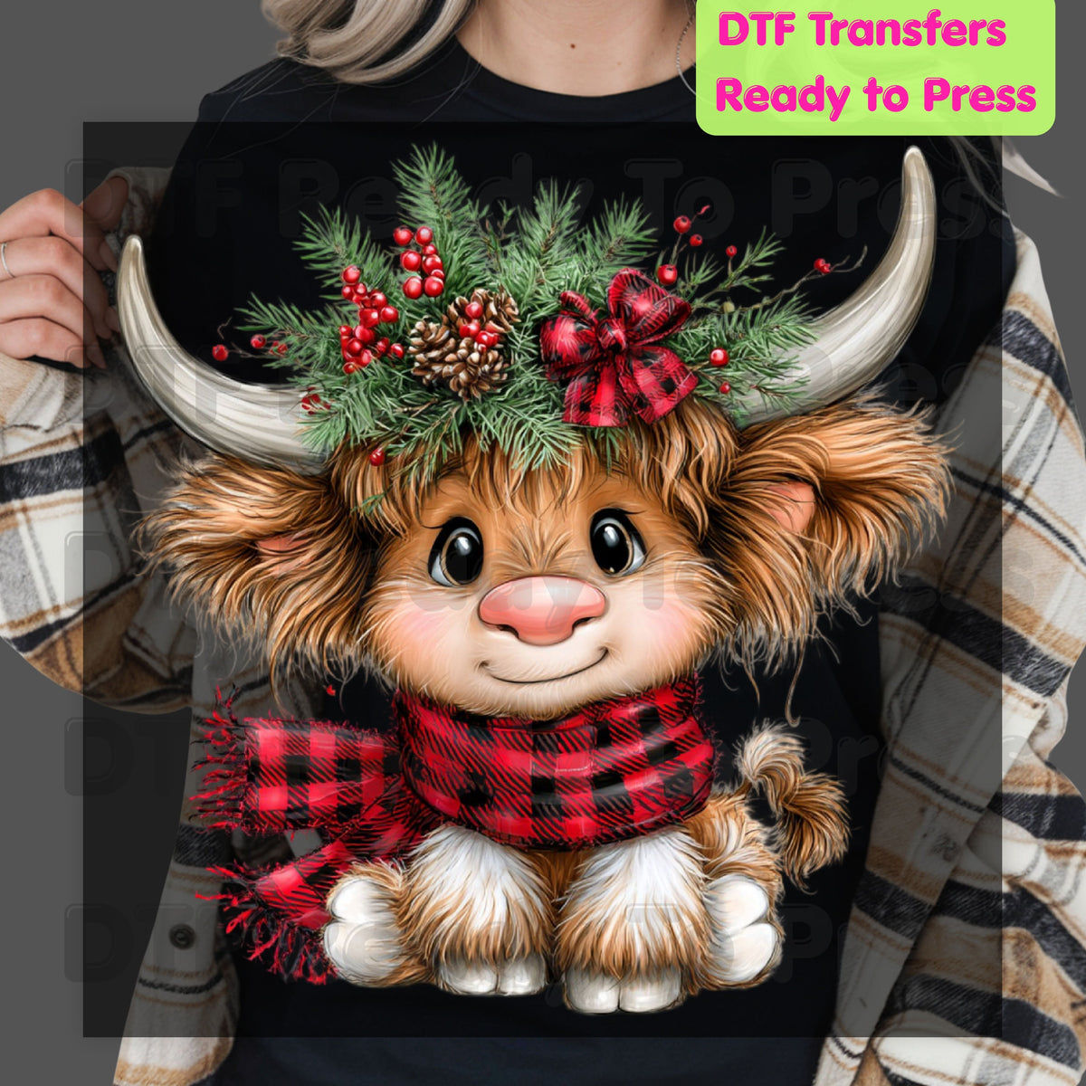 Baby Highland Cow DTF Transfers, Plaid Scarf Cute Christmas Holiday Ready to Press