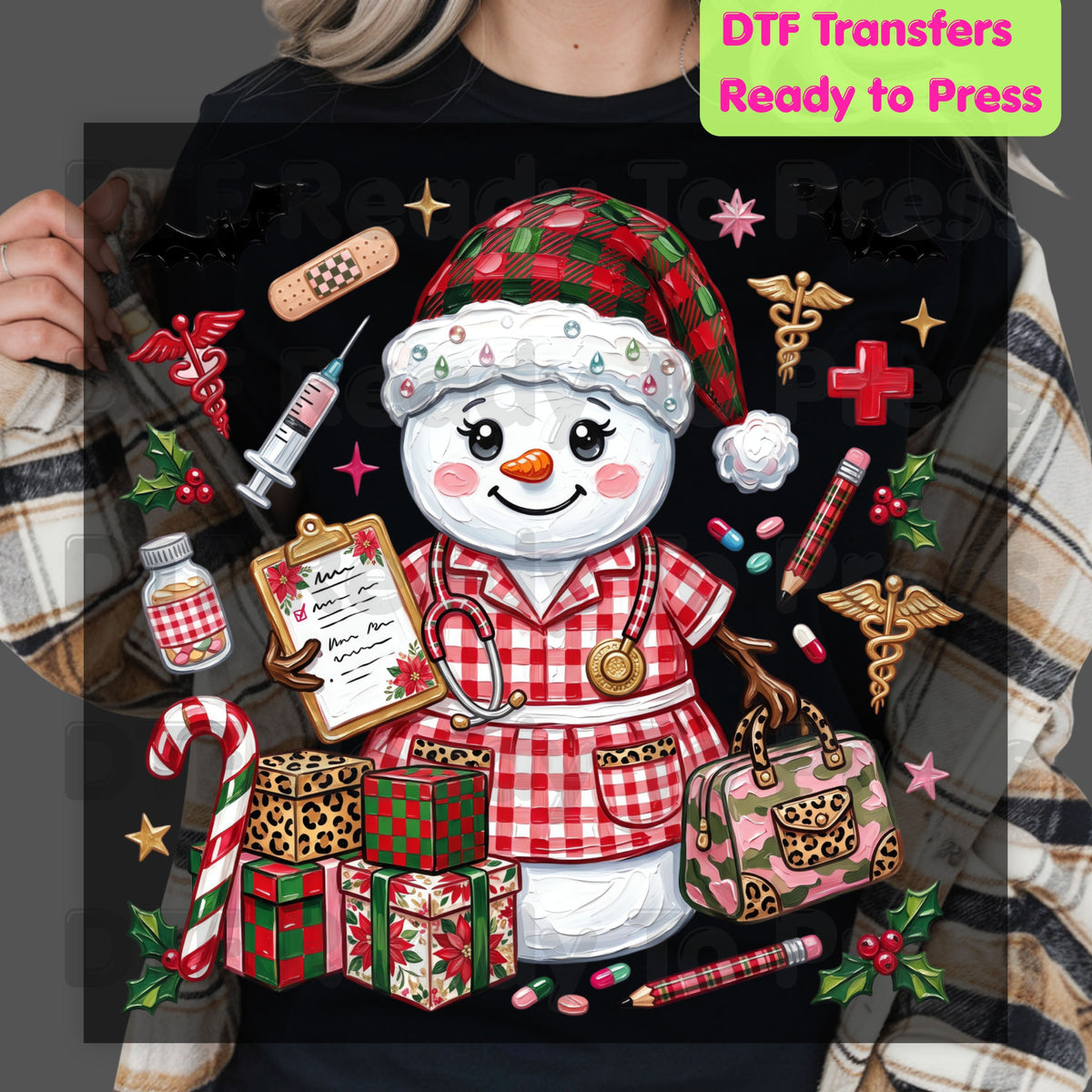 Christmas Nurse Snowman DTF Transfers, Medical Holiday Stethoscope Graphic Ready to Press