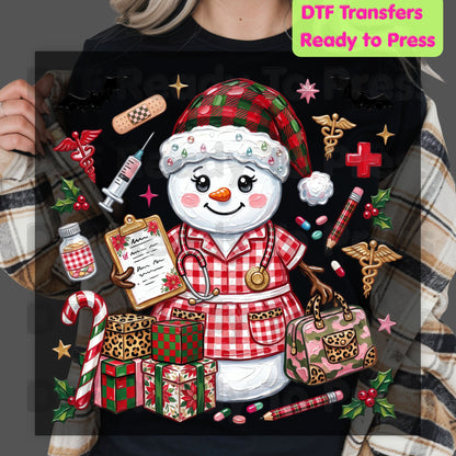 Christmas Nurse Snowman DTF Transfers, Medical Holiday Stethoscope Graphic Ready to Press