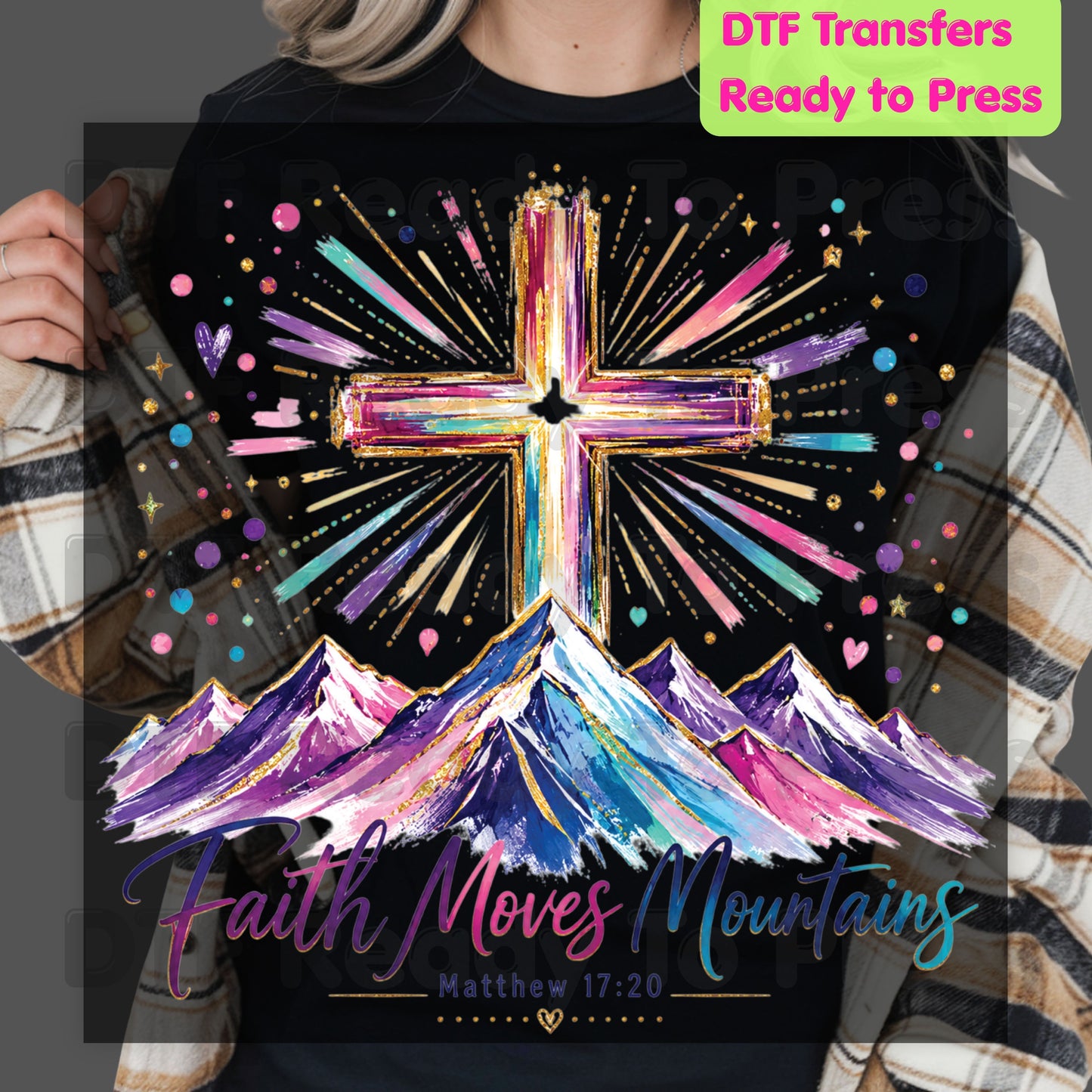 Faith Moves Mountains Religious DTF Transfer Ready to Press Christian Heat Transfer for Shirts Colorful Mountains Cross Matthew 17:20 Tee