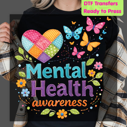 Mental Health DTF Transfer Ready to Press Quilted Heart Butterfly Heat Transfer Mental Health Matters Tee Print Direct to Film Transfer