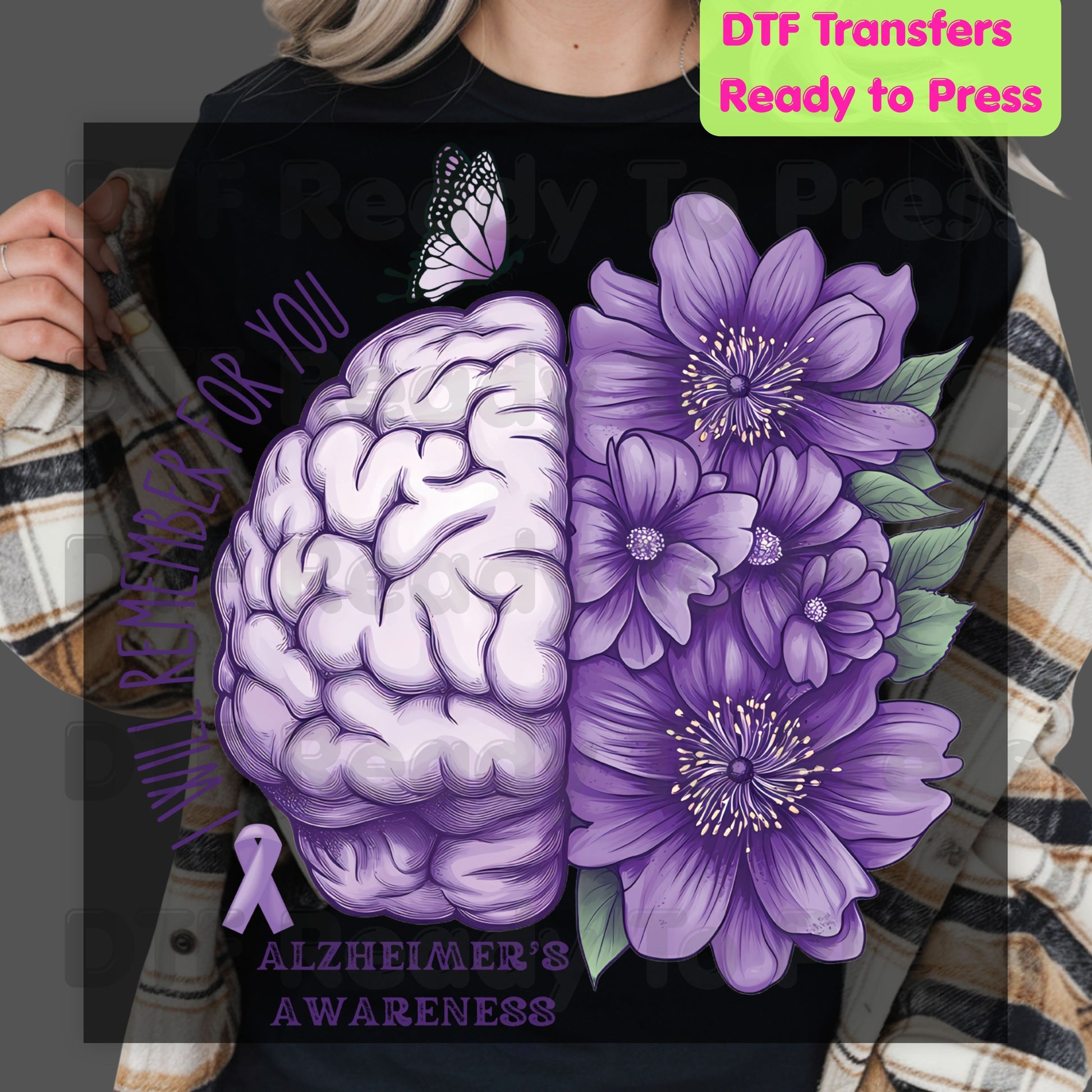 Alzheimers Awareness DTF Transfer Ready to Press I Will Remember For You Brain Purple Flowers Heat Transfer Tee Direct to Film