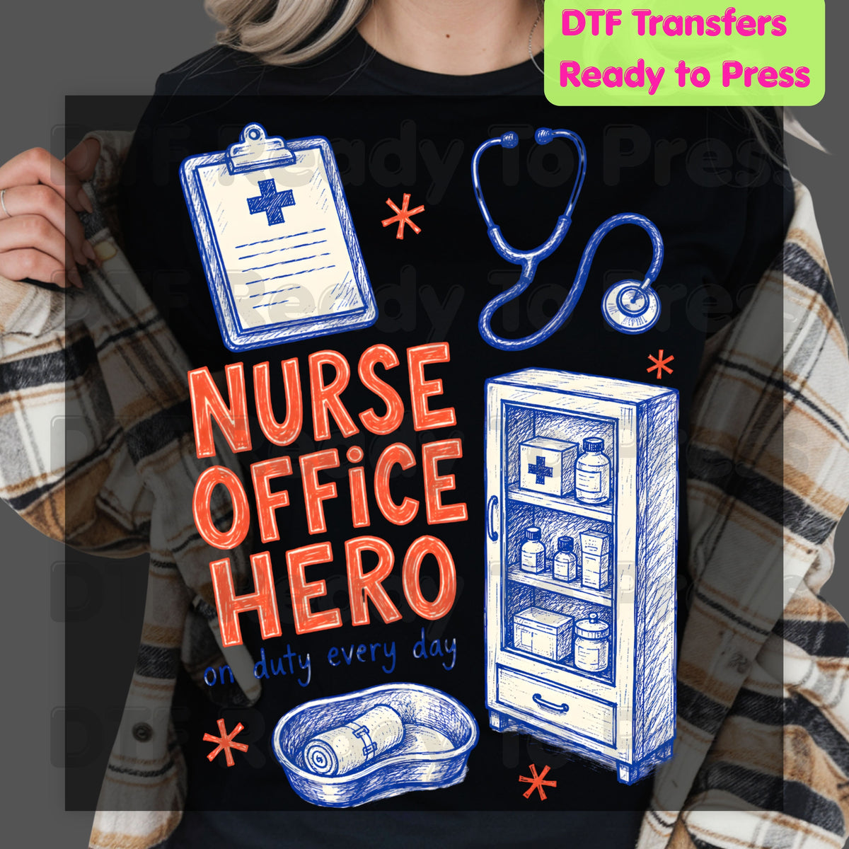 Nurse Office Hero DTF Transfers, School Medical Stethoscope Clipboard Nurse Ready to Press