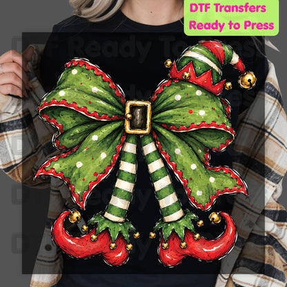 Christmas Elf DTF Transfer, Green Bow, Striped Legs and Hat