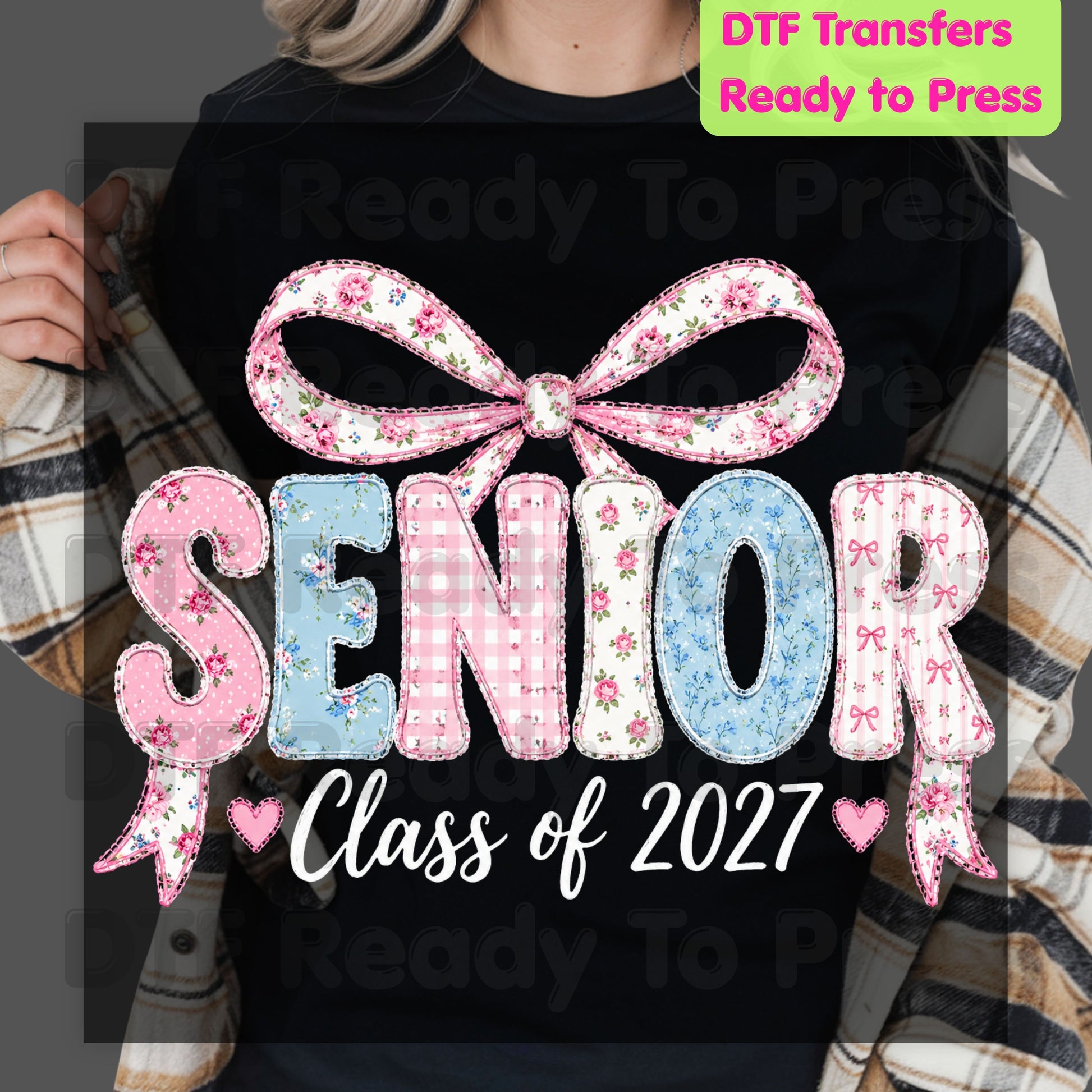 Senior Class of 2027 DTF Transfers, Coquette Ribbon Bow Floral Patchwork Senior Year Ready to Press