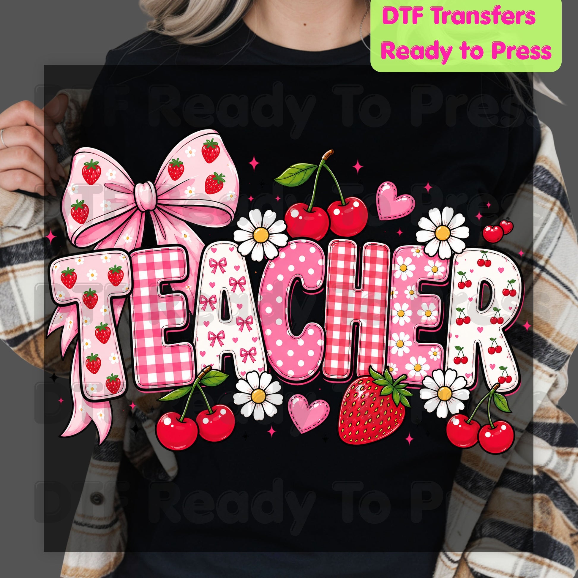 Teacher Coquette Pink DTF Transfers, Strawberries Cherries Bow School Educator Ready to Press