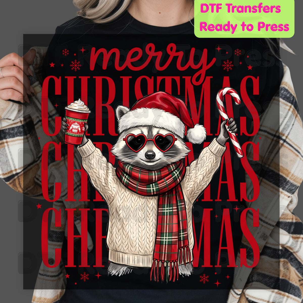 Merry Christmas Raccoon DTF Transfers, Coffee Candy Cane Festive Holiday Ready to Press