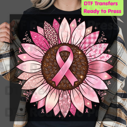 Pink Sunflower Breast Cancer Awareness DTF Transfer Ready to Press Heat Transfer Ribbon Tee