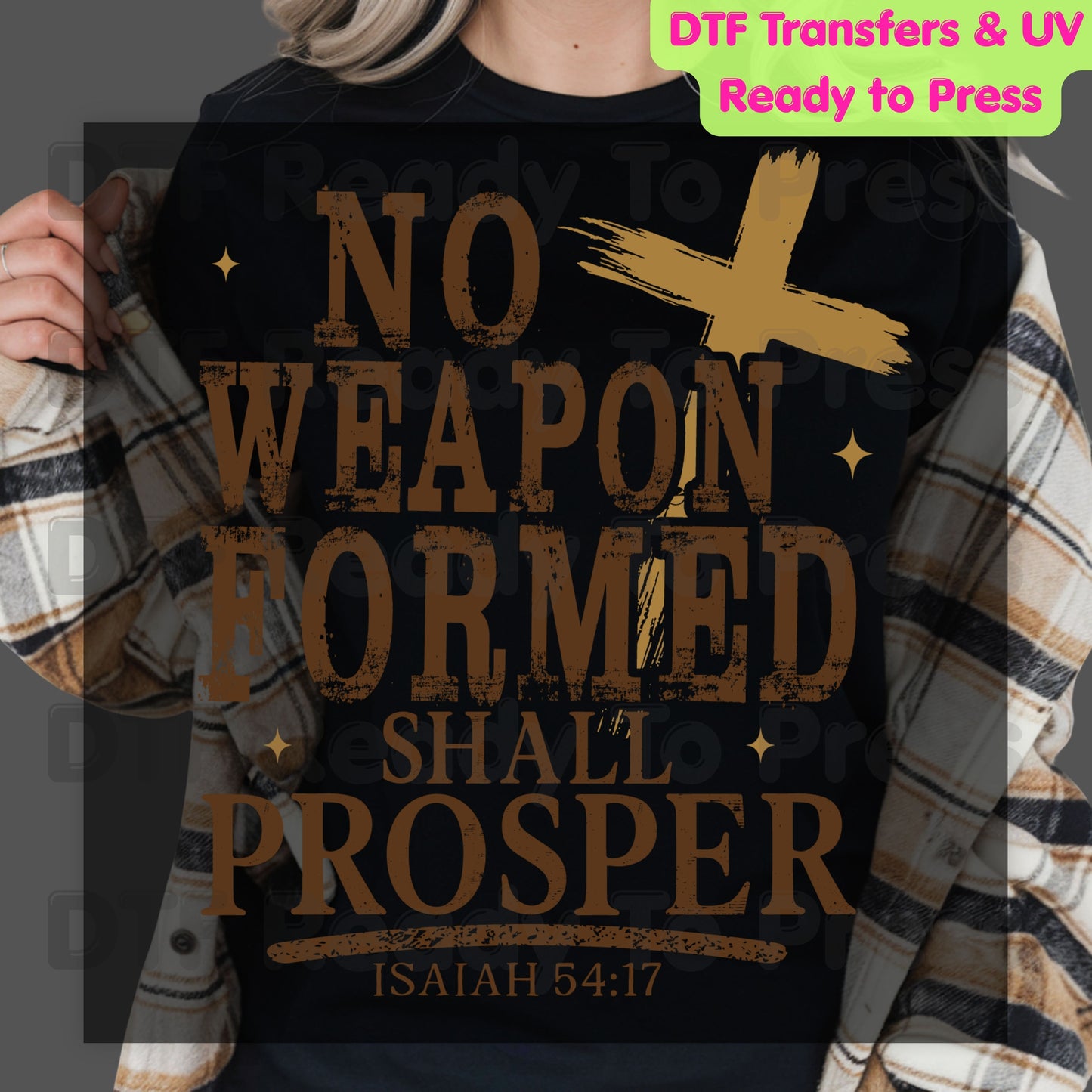 No Weapon Formed Shall Prosper DTF Transfer Ready to Press Isaiah 54:17 Bible Verse UV DTF Sticker Christian Wooden Cross Religious Faith Heat Transfer for Shirts
