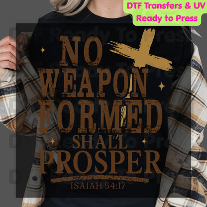 No Weapon Formed Shall Prosper DTF Transfer Ready to Press Isaiah 54:17 Bible Verse UV DTF Sticker Christian Wooden Cross Religious Faith Heat Transfer for Shirts