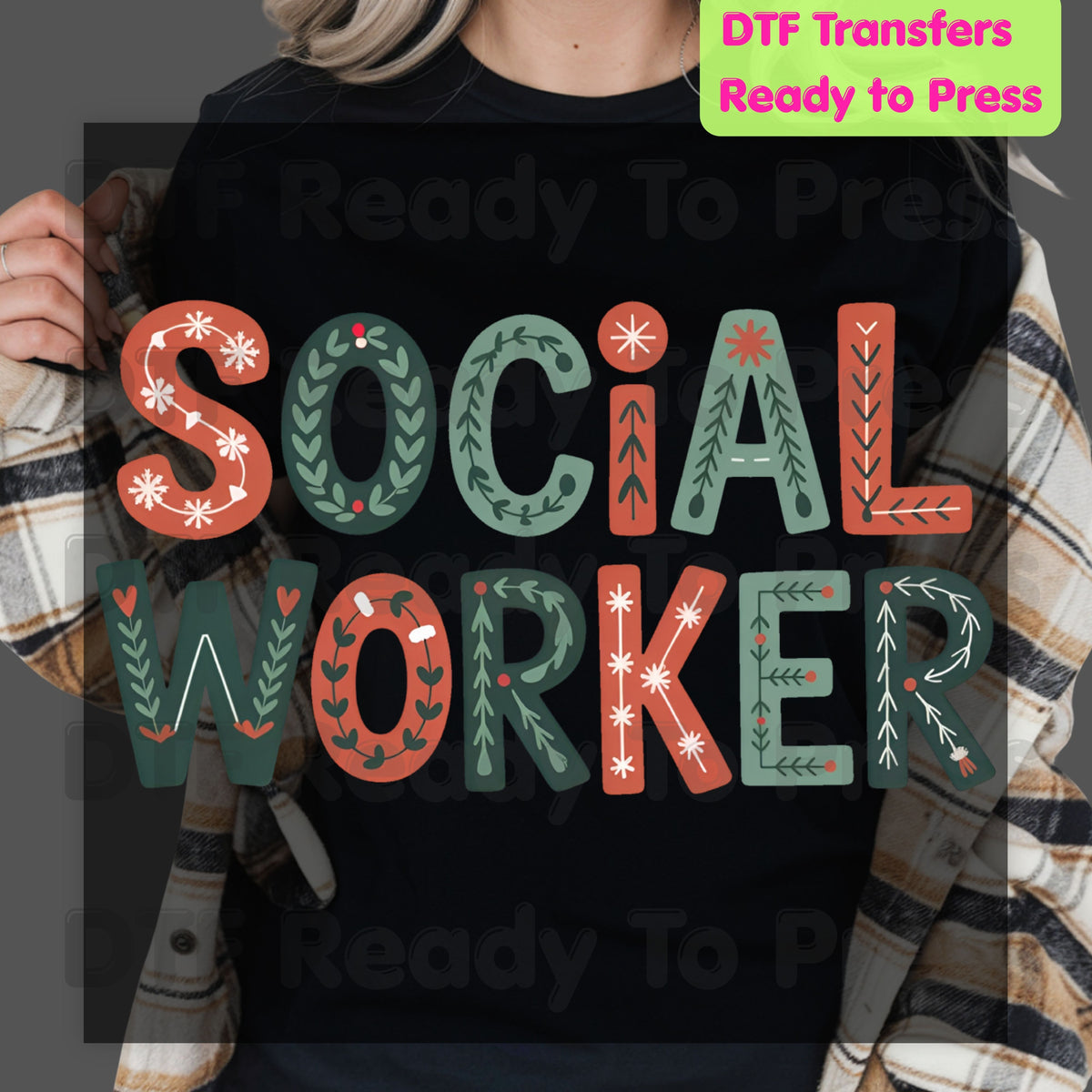 Christmas Social Worker DTF Transfers, Community Snowflake Botanical Holiday Ready to Press