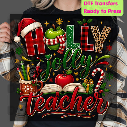 Holly Jolly Teacher DTF Transfers, Christmas School Apple Leopard Book Plaid Holiday Ready to Press