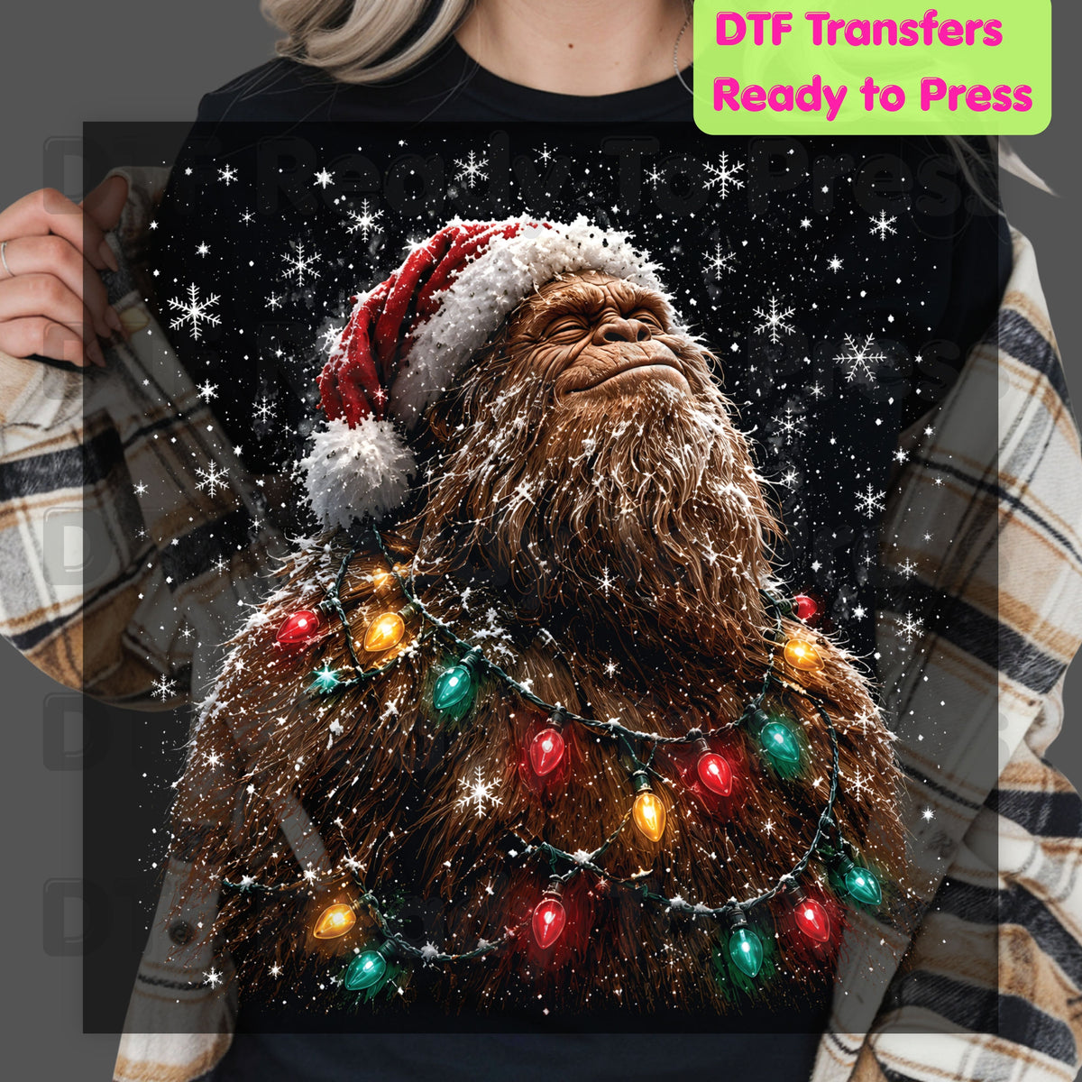 Christmas Bigfoot DTF Transfer, Santa Sasquatch Lights