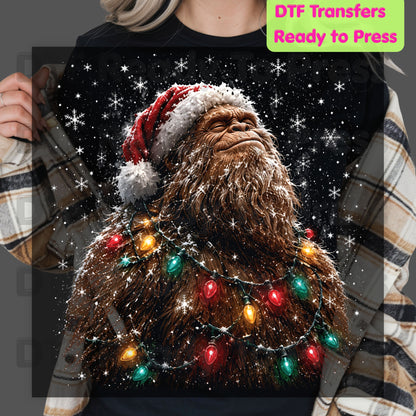 Christmas Bigfoot DTF Transfer, Santa Sasquatch Lights
