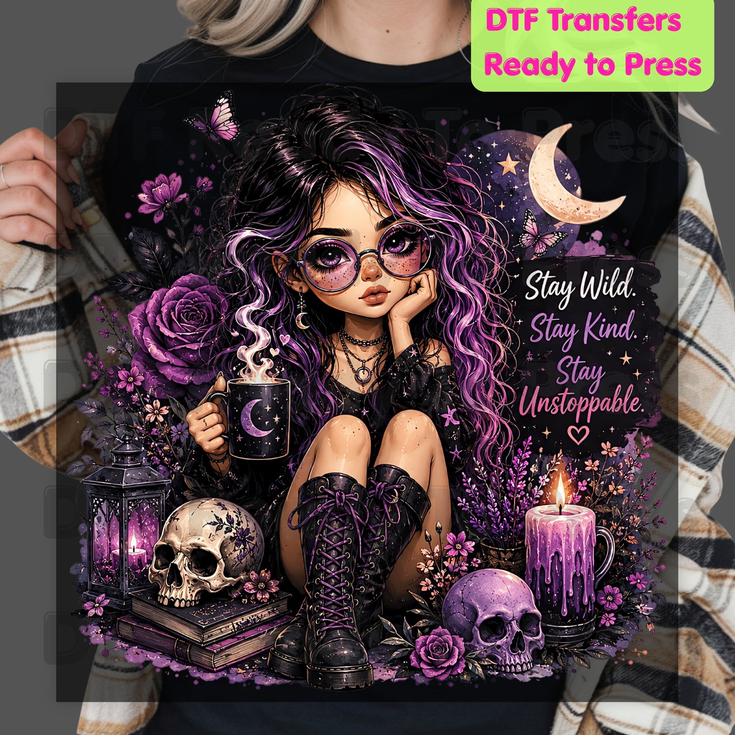 Stay Wild Stay Kind DTF Transfers, Purple Goth Girl Skull Crescent Moon Witchy Ready to Press