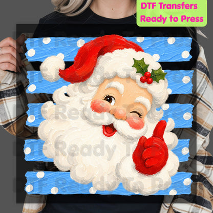 Vintage Winking Santa DTF Transfers, Blue Striped Background Christmas Holiday Ready to Press