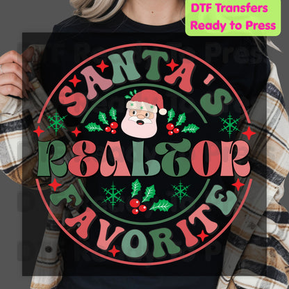 Santa's Favorite Realtor DTF Transfers, Christmas Real Estate Retro Circle Graphic Ready to Press