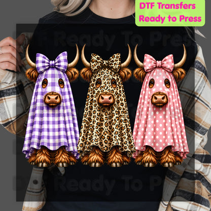 Highland Cow Ghost DTF Transfers, Halloween Spooky Cow Leopard Polka Dot Bow Ready to Press